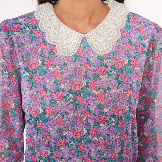 80s M.C.S.Ltd. Floral Midi Dress Puff Sleeve Peter Pan Collar Purple Large L