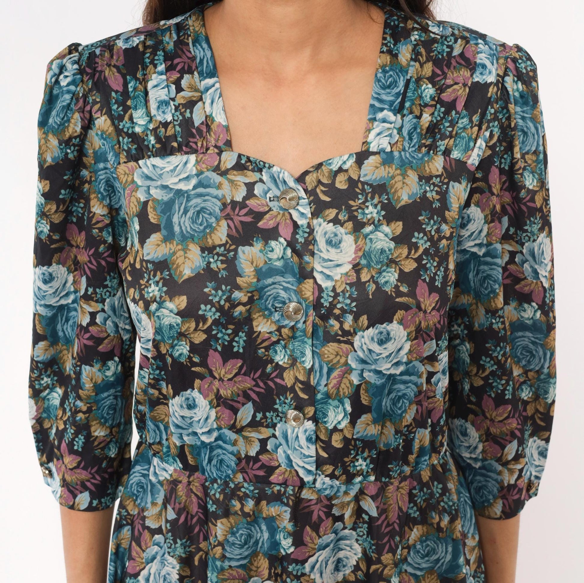 80s Rose Floral Button-Front Dress Blue Sweetheart Puff Sleeve Midi Large L