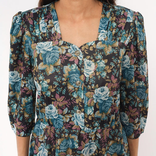 80s Rose Floral Button-Front Dress Blue Sweetheart Puff Sleeve Midi Large L