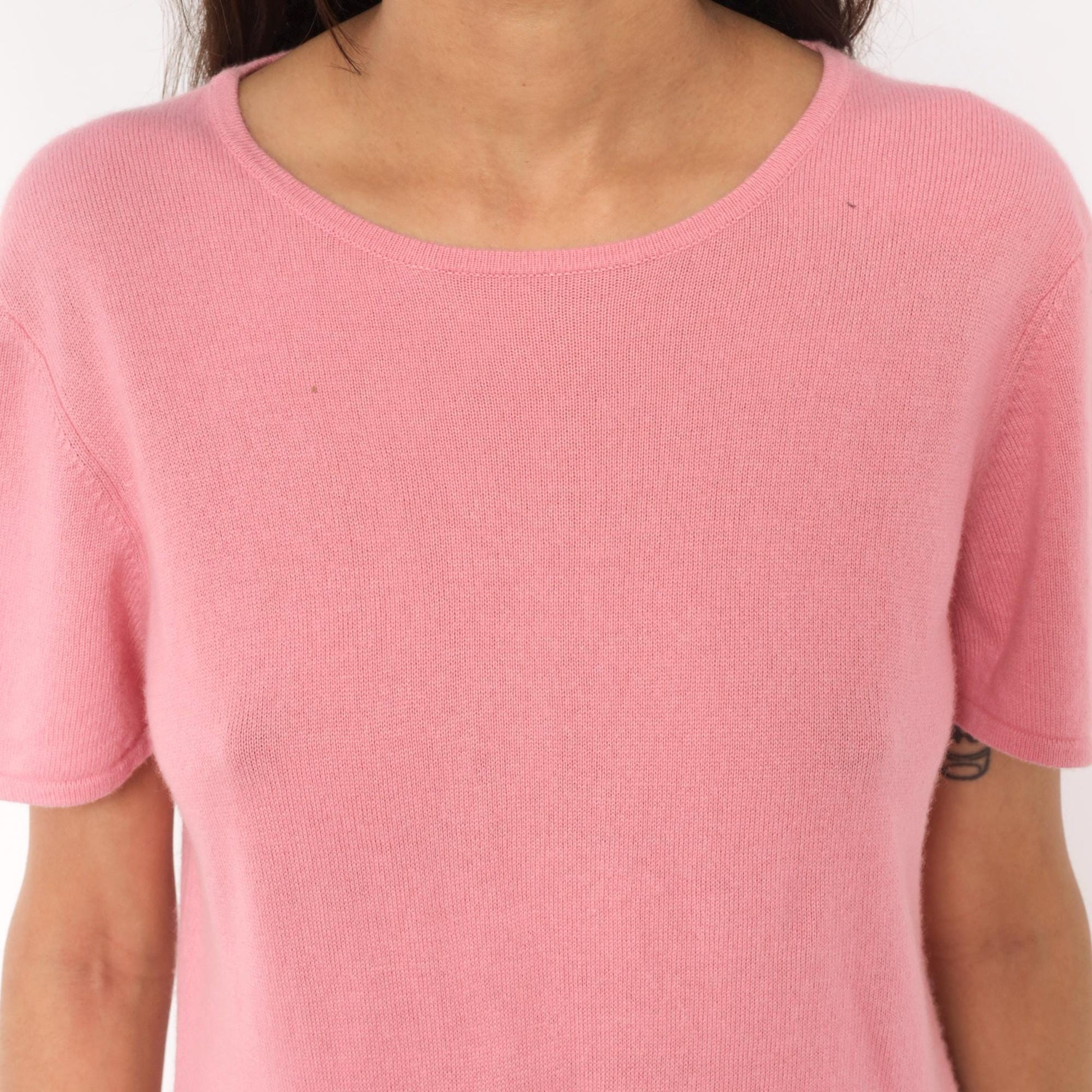 Y2K Rose Silk Cashmere Knit Tee Pink Scoop Neck Short Sleeve Large L