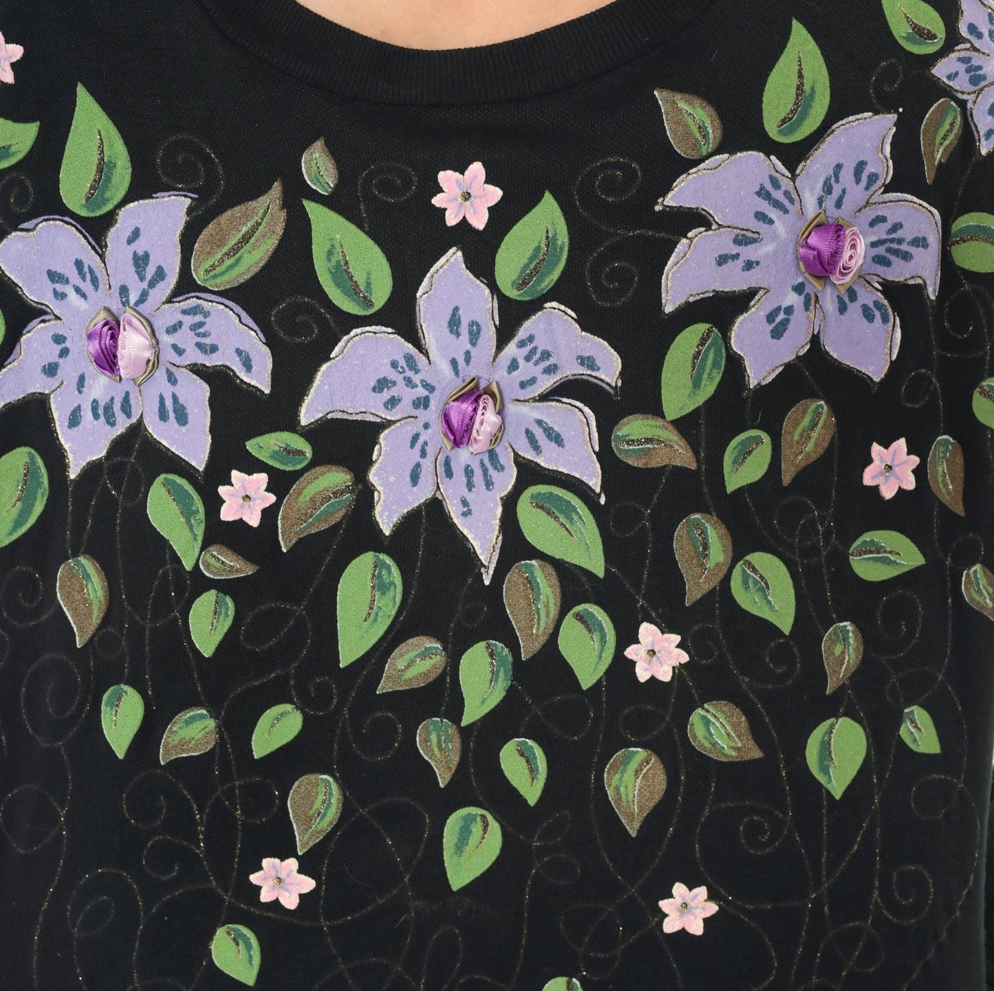 90s Cristin Stevens Floral Sweatshirt Black Purple Lily Jeweled Crewneck Large L