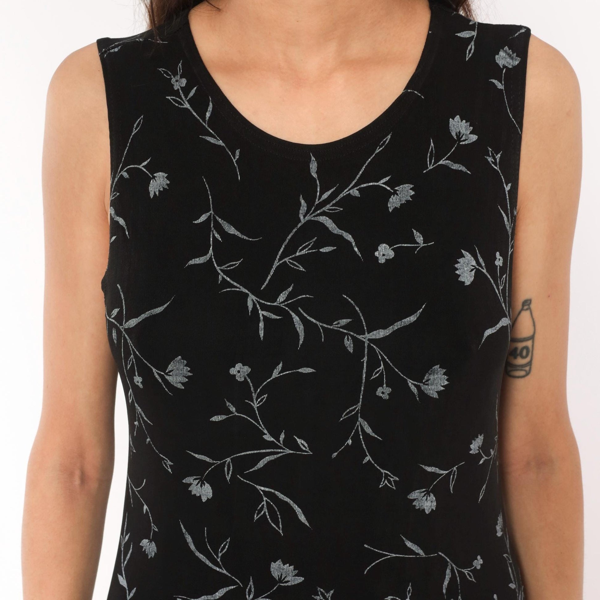 90s Ronni Nicole Black Floral Maxi Dress Grey Vine Print Sleeveless Large L