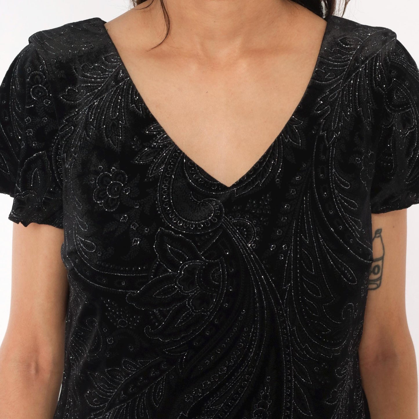 90s S.L. Fashions Black Velvet Paisley Glitter Dress Flutter Sleeve Medium Petite