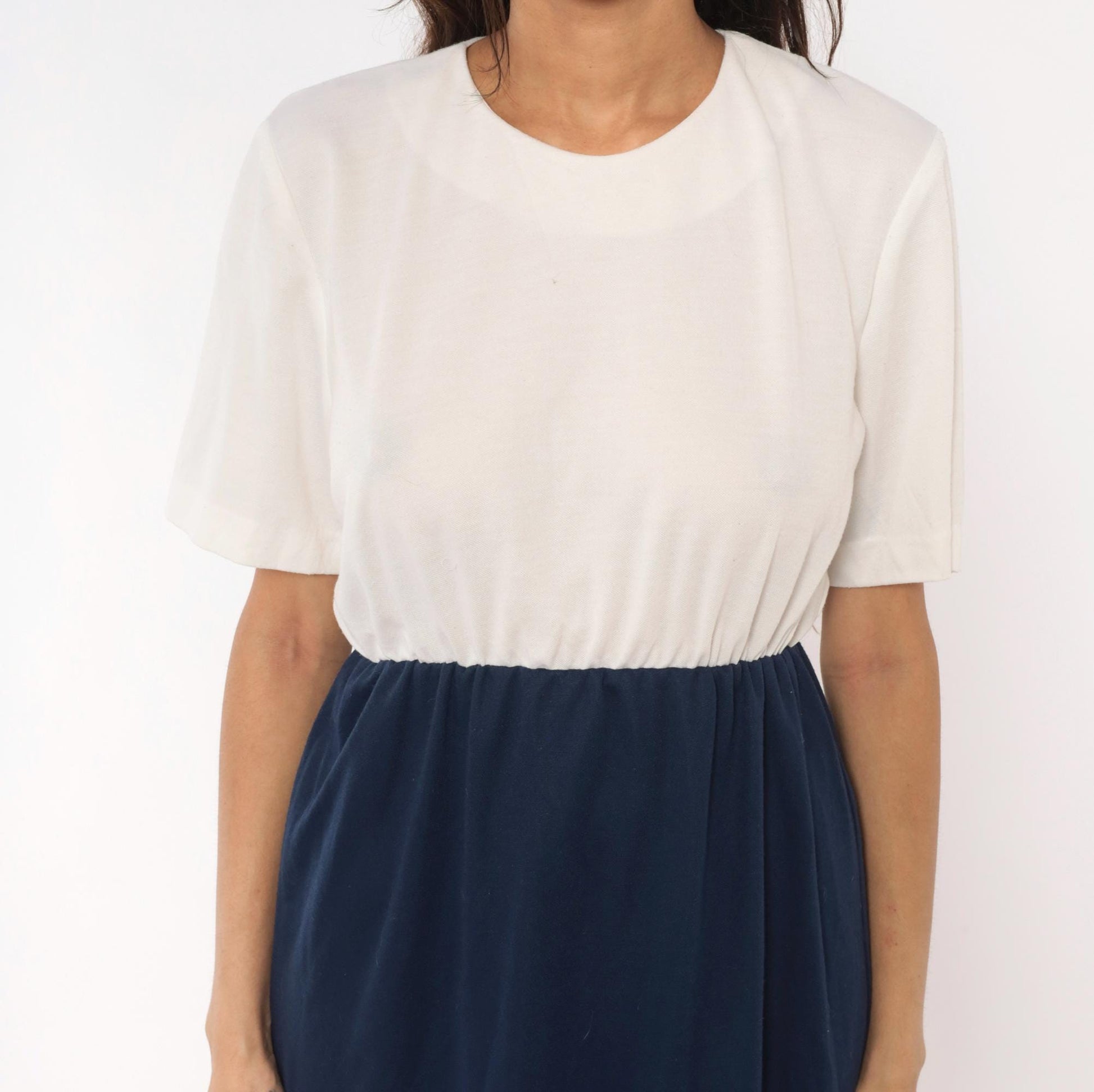 80s Navy Cream Colorblock Dress Keyhole Back Button Knee-Length Medium Large