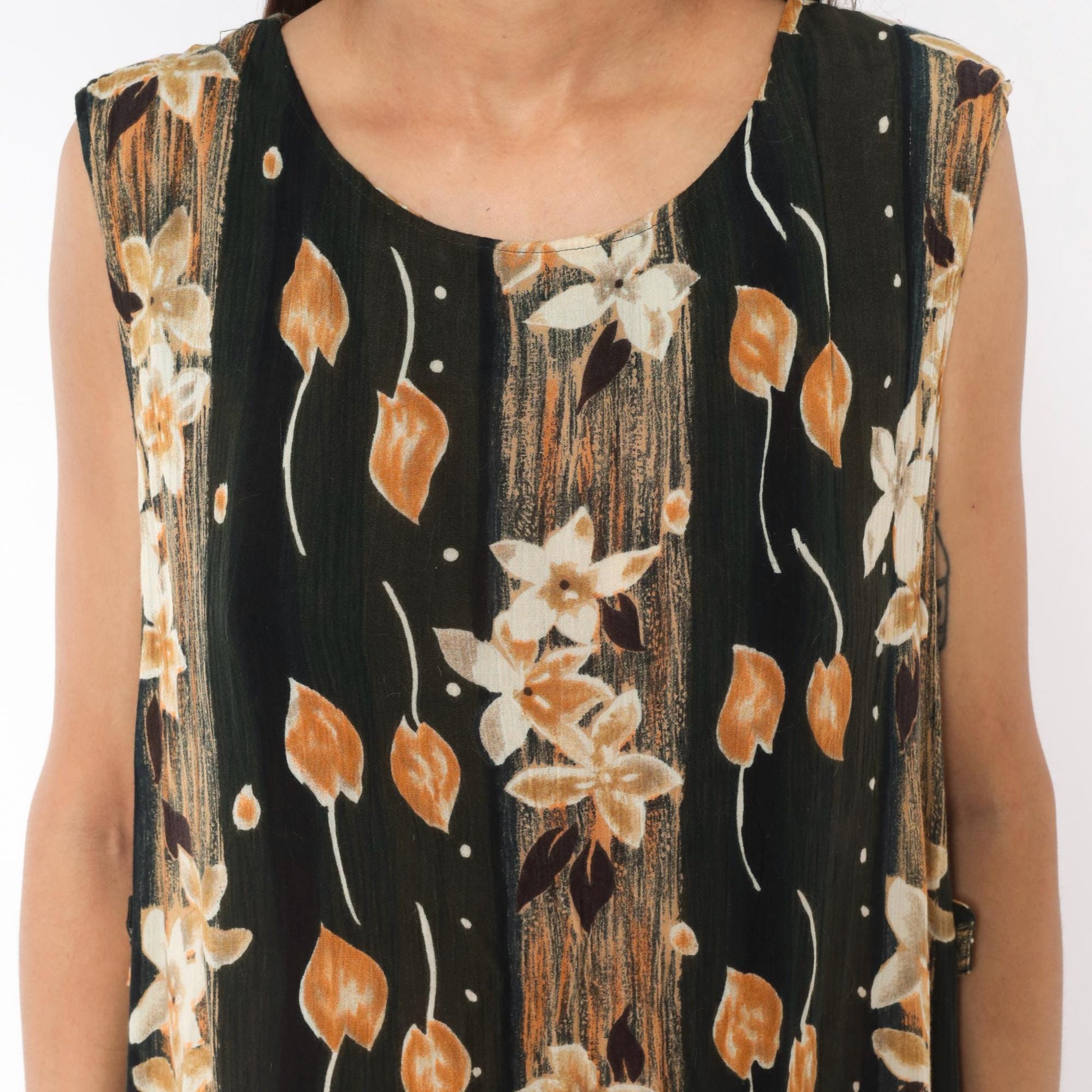 90s Sag Harbor Floral Maxi Dress Olive Green Cream Leaves Large L