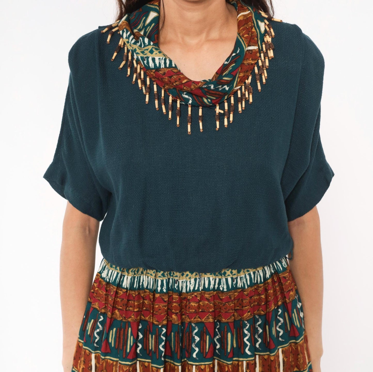 90s Stuart Alan Petites Tribal Print Dress Teal Burgundy Midi V Neck Medium