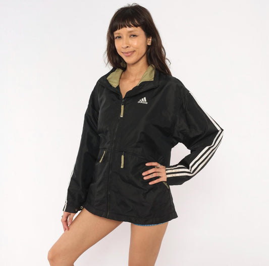 90s Adidas Windbreaker Black Olive Three Stripe Hooded Nylon Jacket Medium M