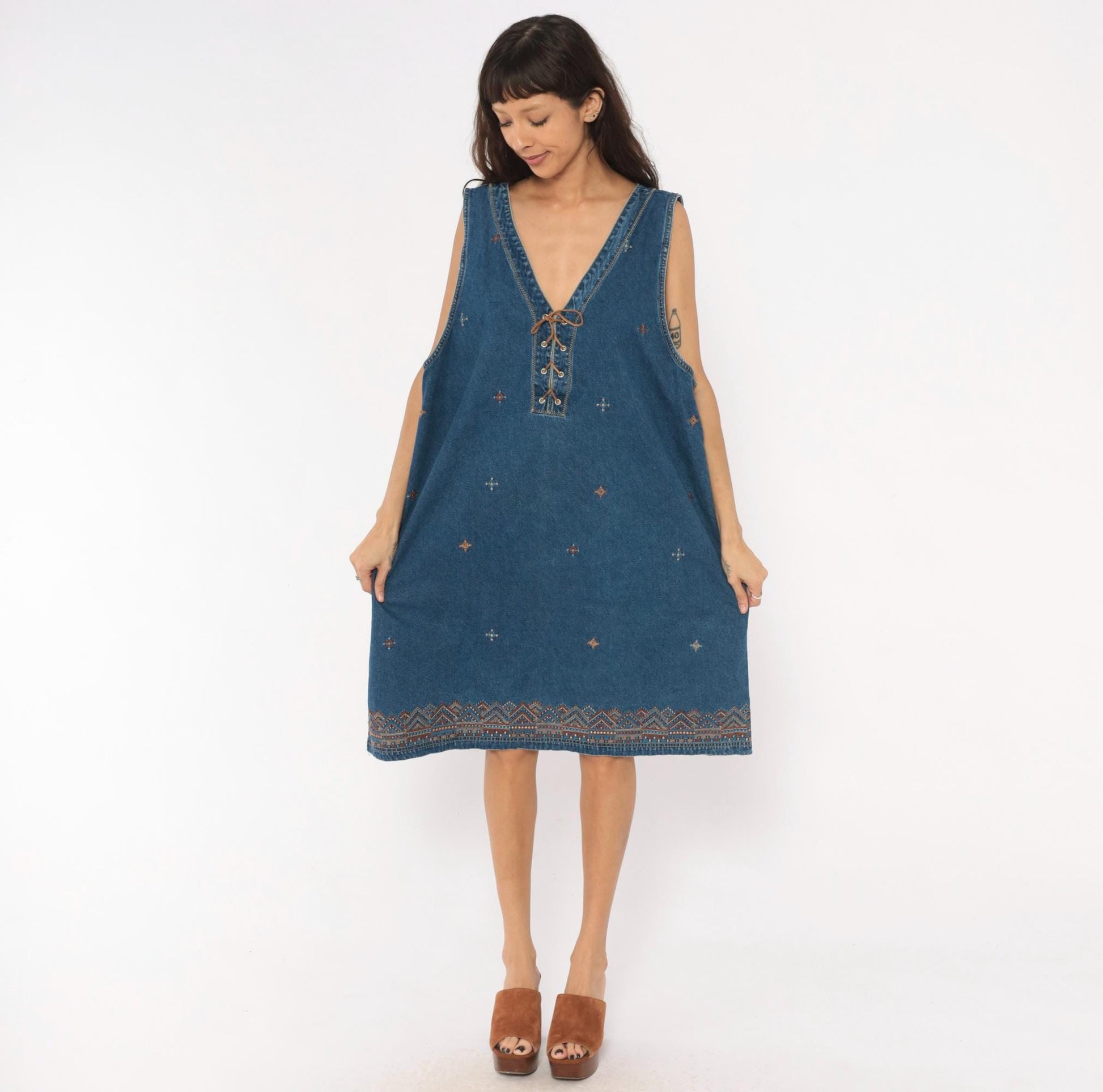 90s J.L. NY Southwestern Denim Dress Embroidered Lace-Up Navy Plus Size XXL