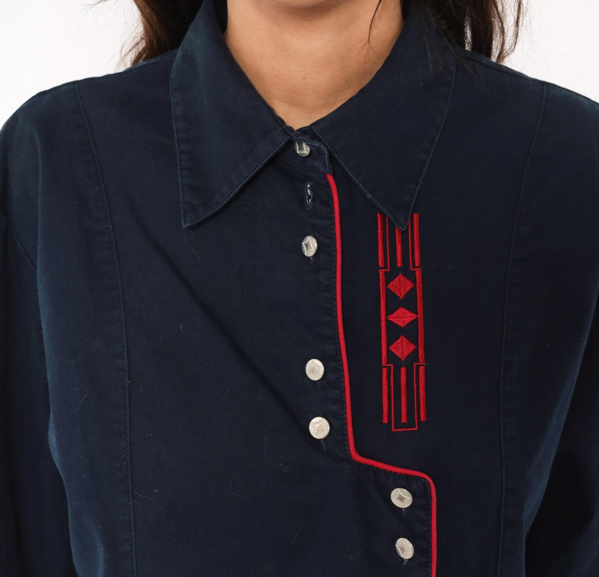 90s Wrangler Western Shirt Navy Blue Embroidered Diamond Snap Button Extra Large XL