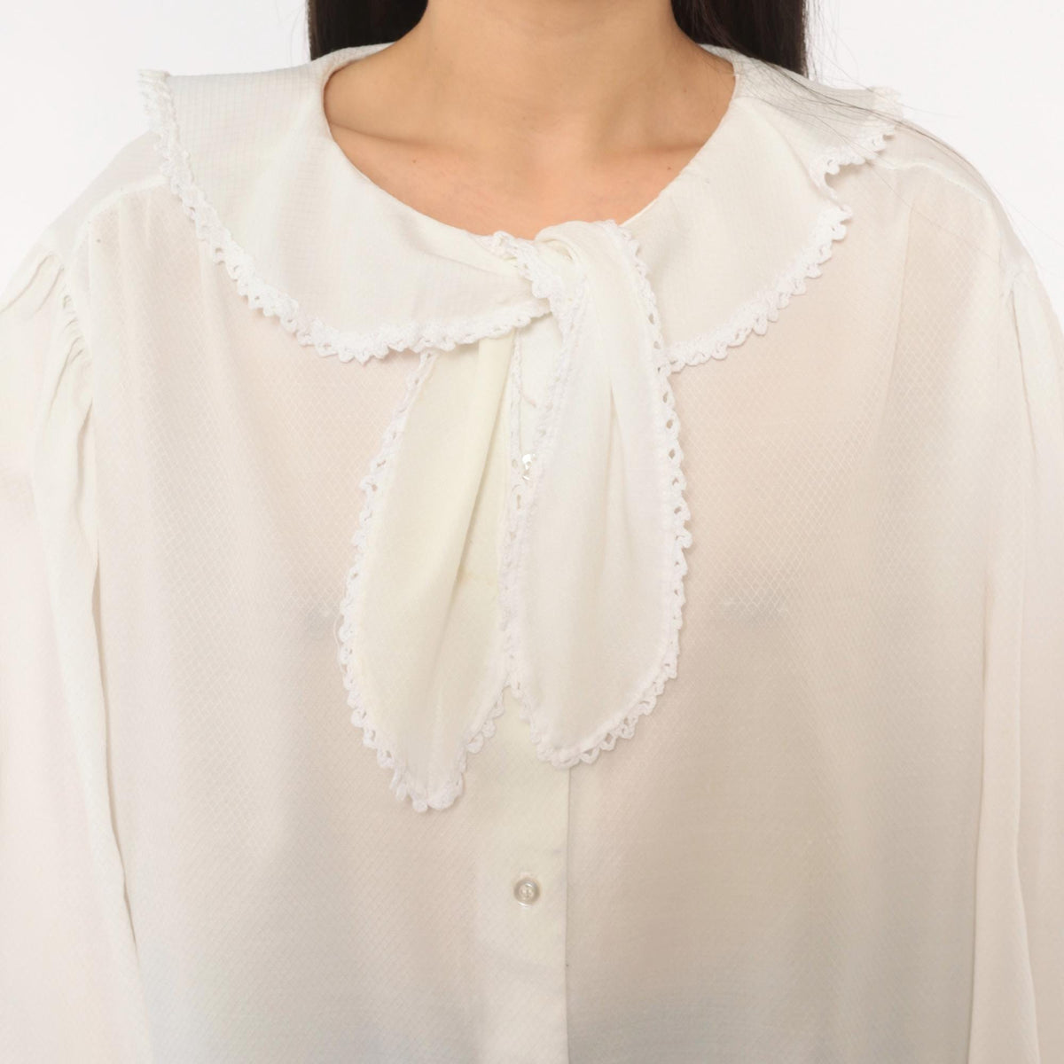 70s Lady Oak Hill White Bow Collar Blouse Puff Sleeve Lace Trim Extra Large XL