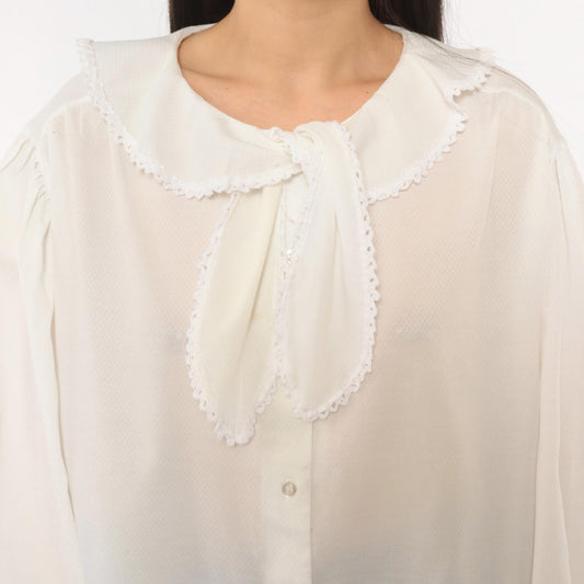 70s Lady Oak Hill White Bow Collar Blouse Puff Sleeve Lace Trim Extra Large XL