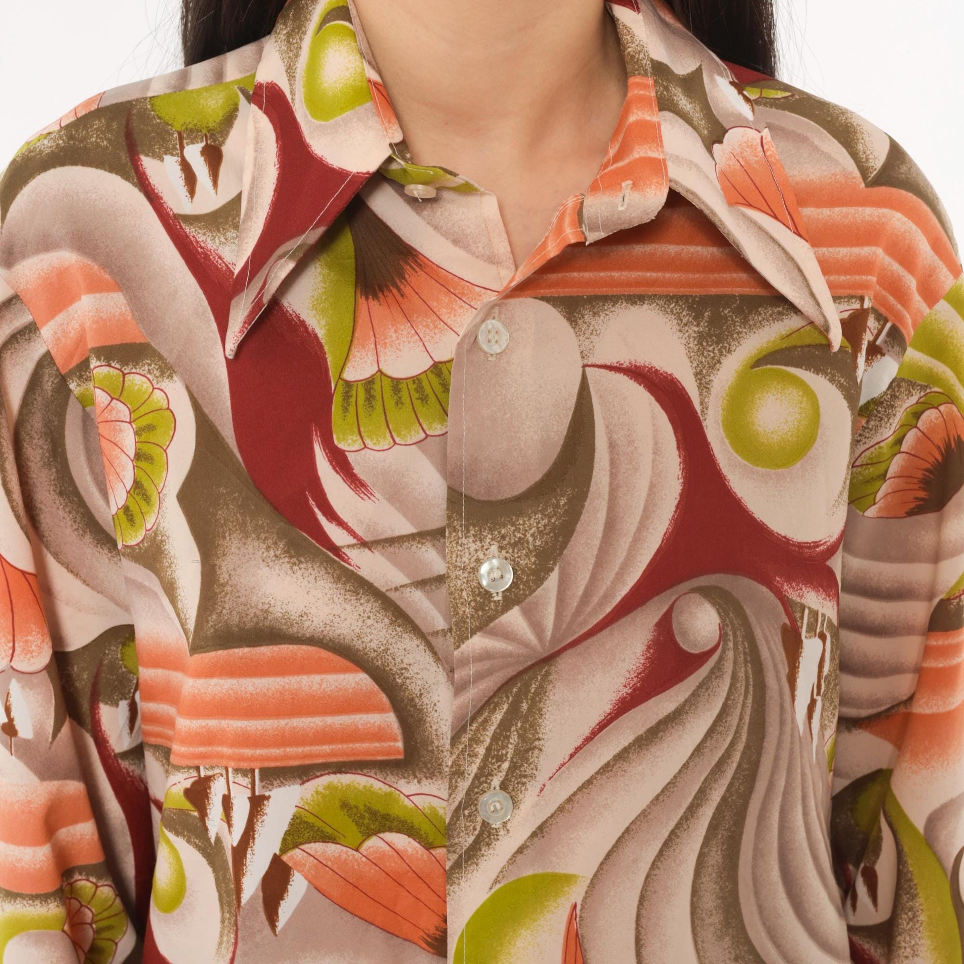 70s Landmark Button Front Shirt Psychedelic Swirl Print Olive Burgundy Medium