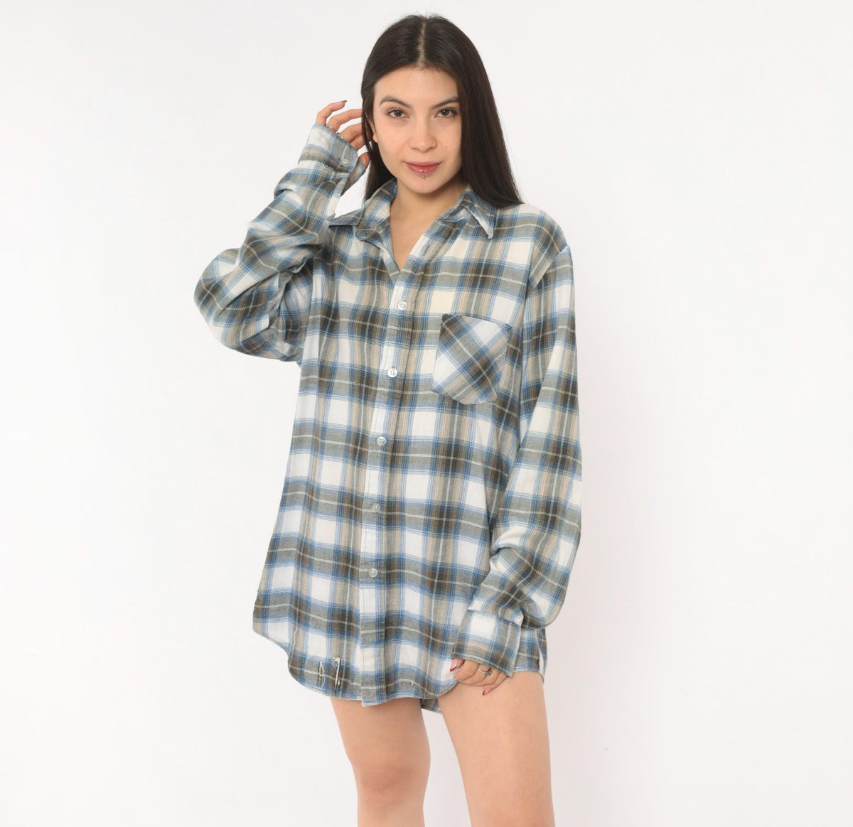 80s Sears Sportswear Plaid Flannel Shirt Blue White Cotton Button-Up Medium