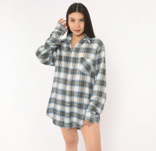 80s Sears Sportswear Plaid Flannel Shirt Blue White Cotton Button-Up Medium