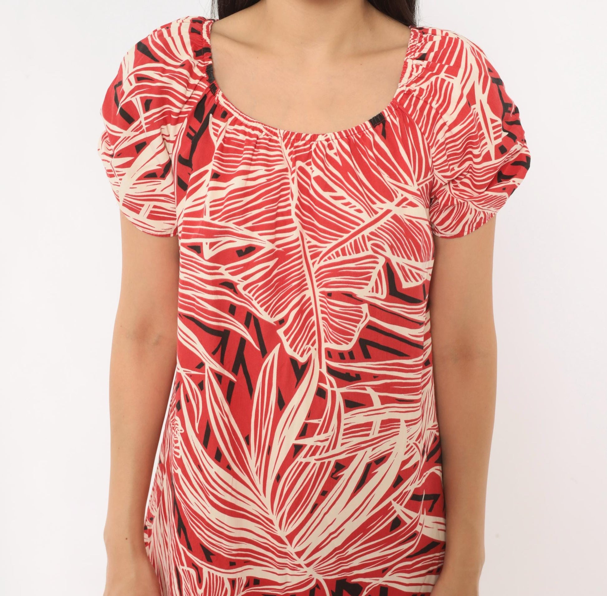 80s Me-Too Tropical Leaf Print Dress Red White Puff Sleeve Knee-Length XS