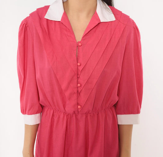 80s Fuchsia Puff Sleeve Shirtdress White Collar Pleated Bodice Pink Buttons Small Medium