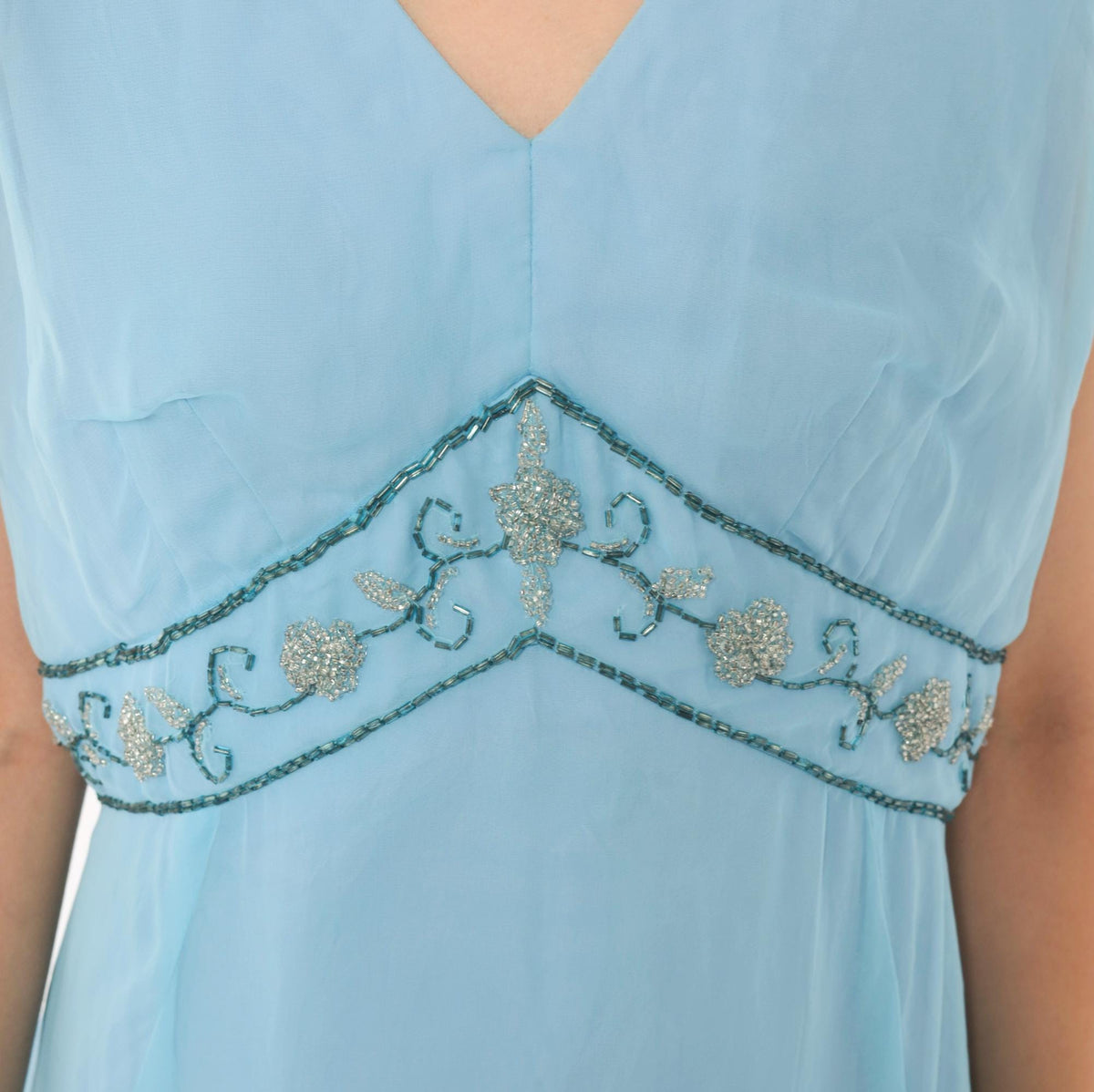 70s Elgin Dress Sky Blue Empire Waist Maxi Gown Beaded V Neck Large L