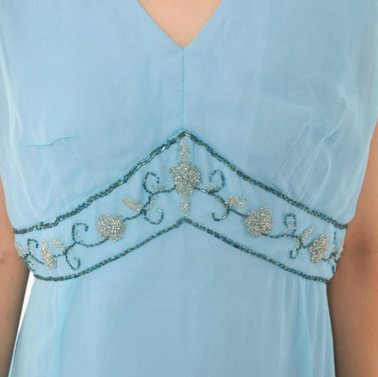 70s Elgin Dress Sky Blue Empire Waist Maxi Gown Beaded V Neck Large L