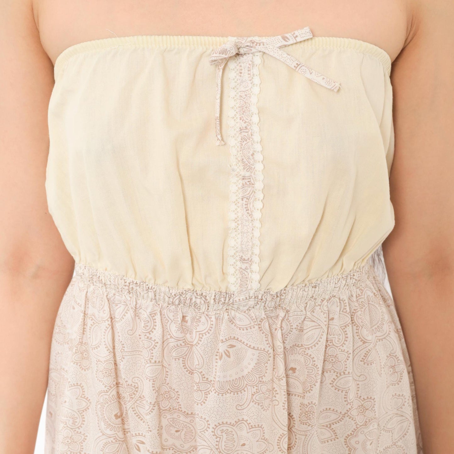 90s Cream Paisley Strapless Sundress Floral Print Lace Trim Small