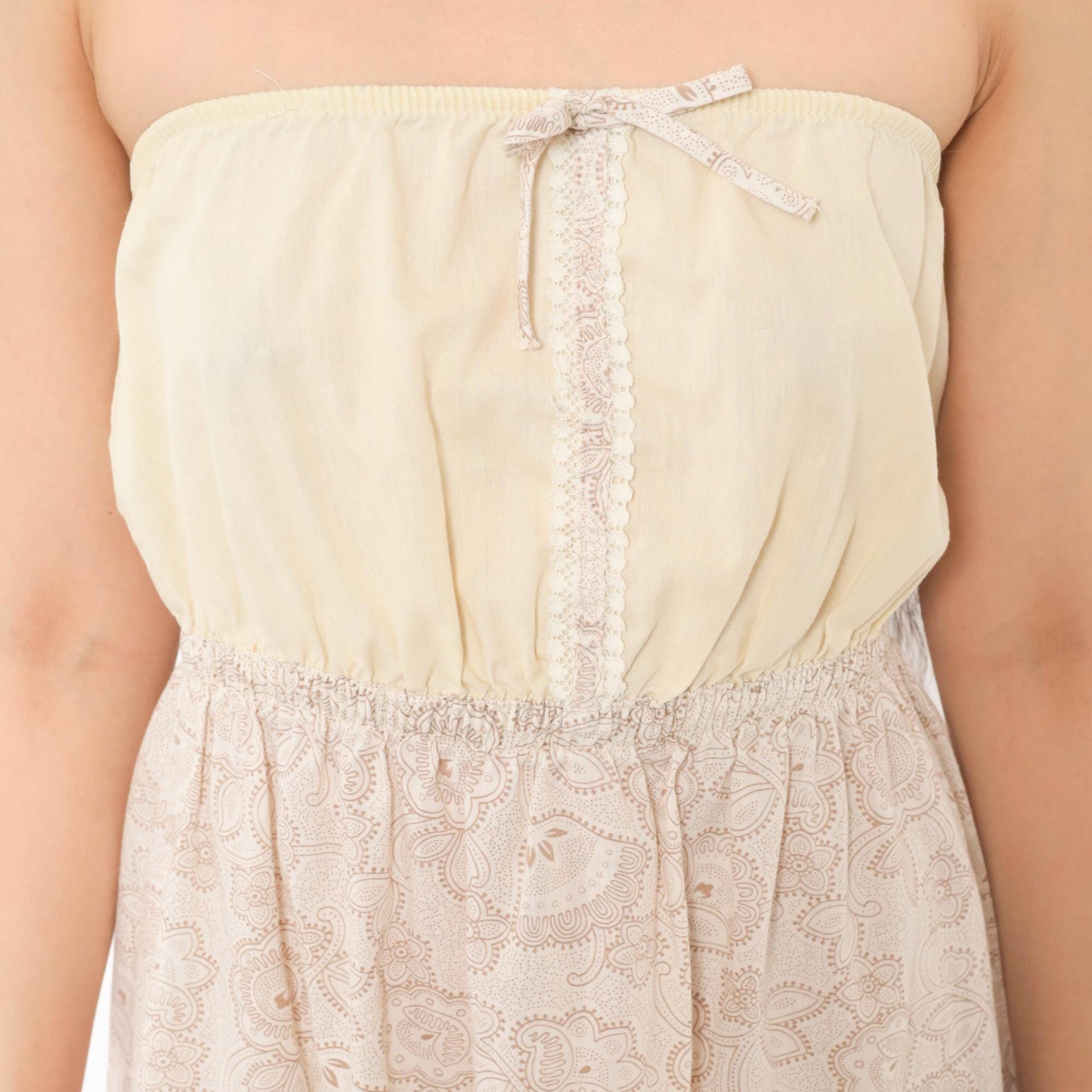 90s Cream Paisley Strapless Sundress Floral Print Lace Trim Small