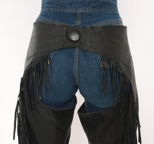 90s Black Leather Chaps Fringe Western Silver Buckle Motorcycle
