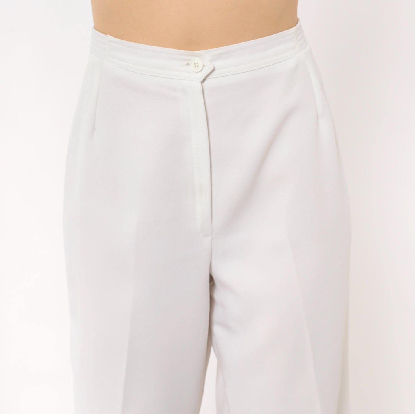 70s White High-Rise Wide-Leg Trousers Pleated Straight Pants Large L