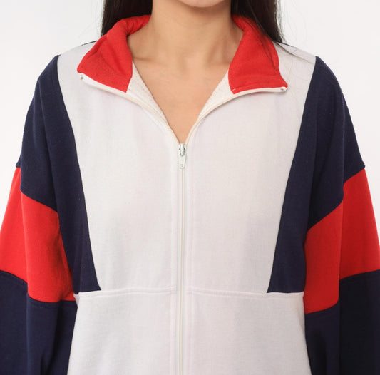 80s Active Wear Color Block Zip Jacket Navy Red White Striped Men's Large