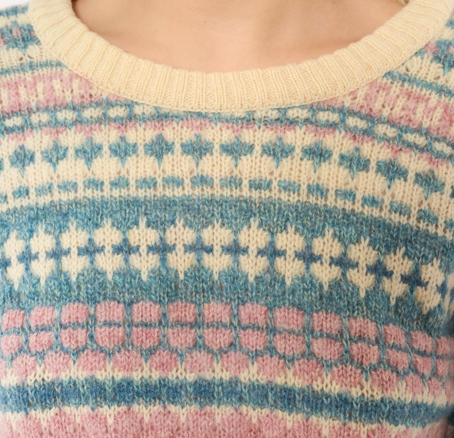 80s American Eagle Fair Isle Wool Sweater Cream Pink Blue Large