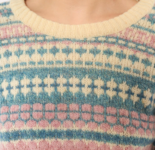80s American Eagle Fair Isle Wool Sweater Cream Pink Blue Large