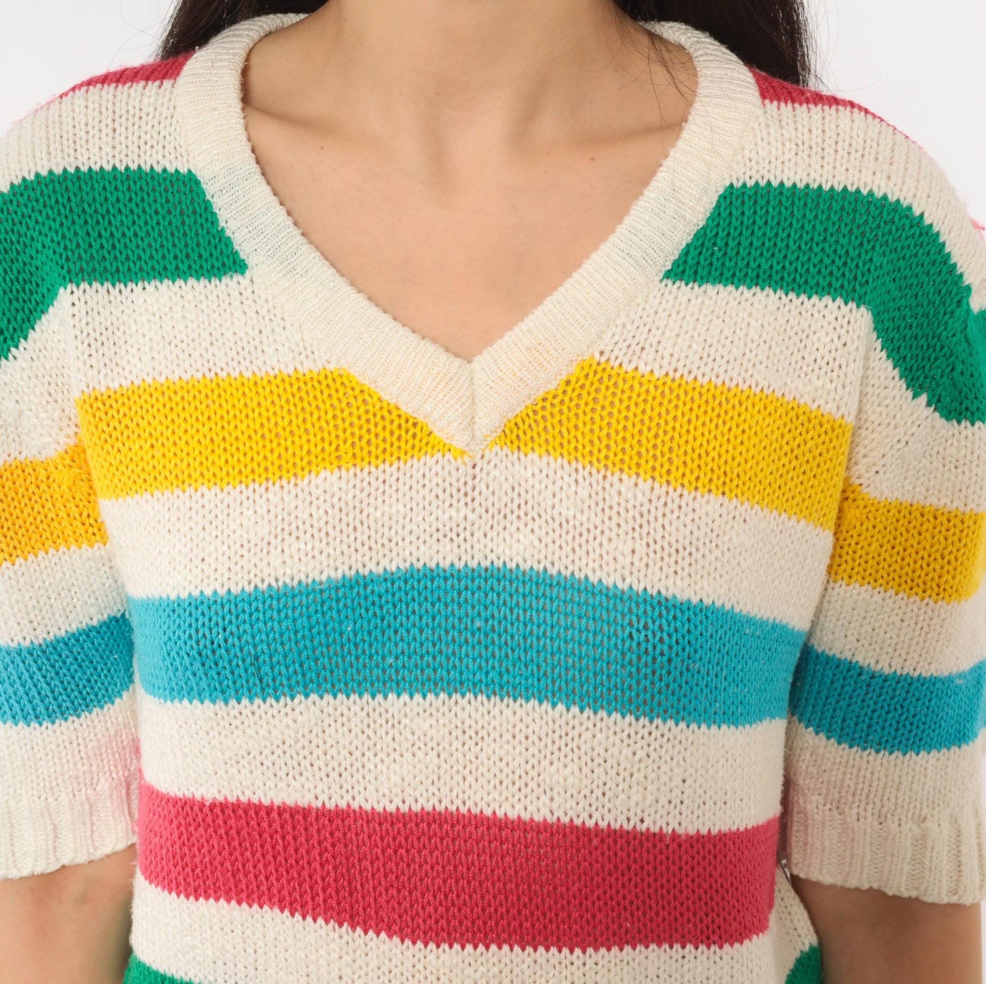 90s Brittania Rainbow Stripe V-Neck Knit Pullover Cream Cotton Medium M
