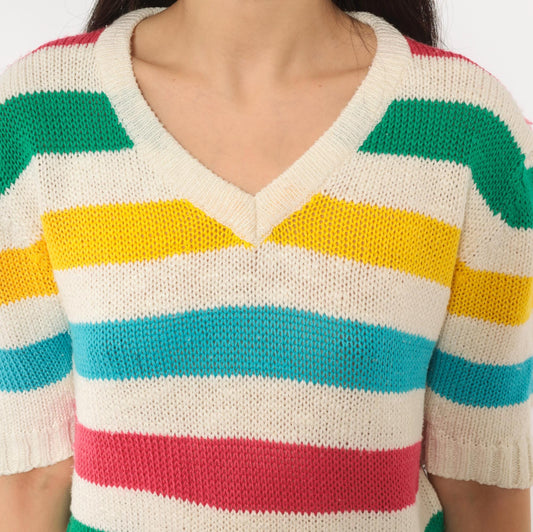 90s Brittania Rainbow Stripe V-Neck Knit Pullover Cream Cotton Medium M