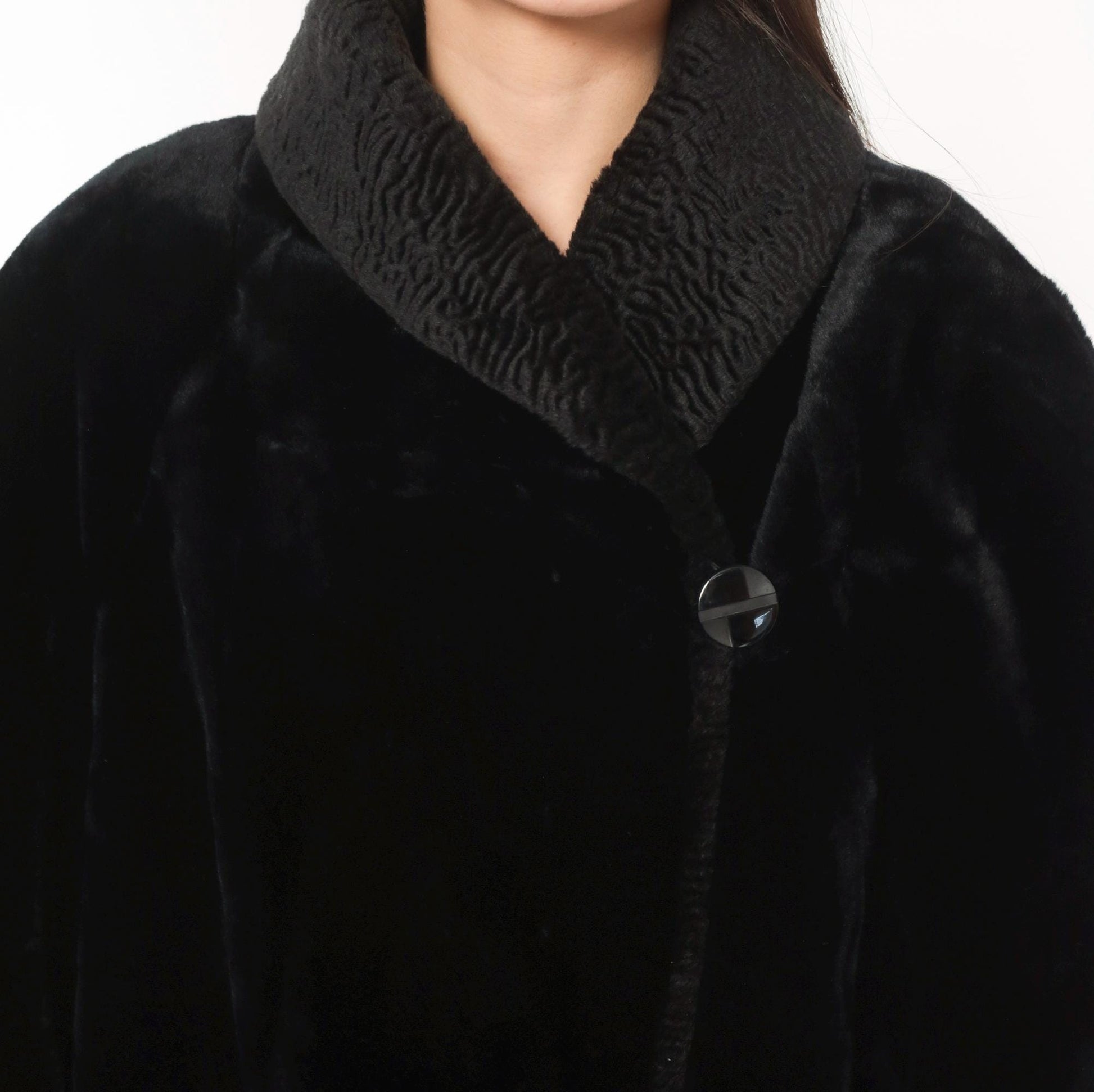 70s Gallery Black Faux Fur Coat Astrakhan Collar Knee-Length Extra Large XL
