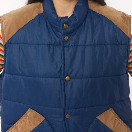 80s Navy Puffer Vest Quilted Suede Trim Snap Front Stand Collar Medium M