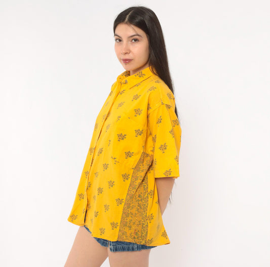 90s Biz Tango Mustard Floral Button-Up Shirt Cotton Medium M