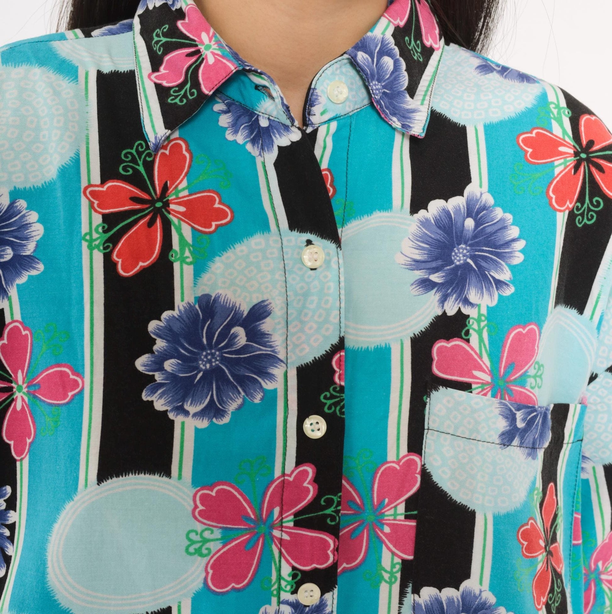 90s Justin Allen Chemise Floral Button Shirt Turquoise Chrysanthemum Medium M