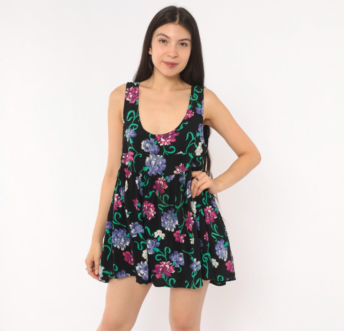 90s Katy D Floral Babydoll Mini Dress Black Empire Waist Scoop Neck Medium M