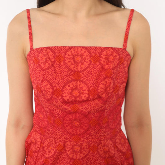 60s Medallion Print Sundress Red Orange Square Neckline Fitted Bodice Small