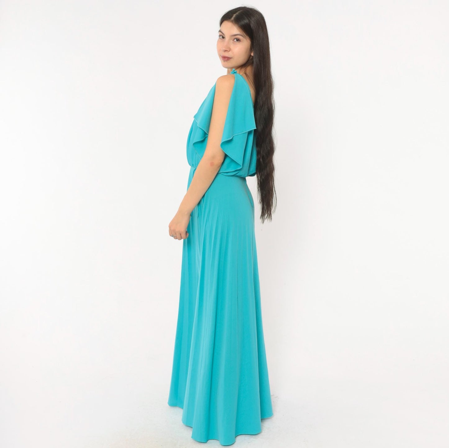 70s Turquoise Maxi Dress Cold Shoulder Flutter Sleeve Blouson Bodice Medium