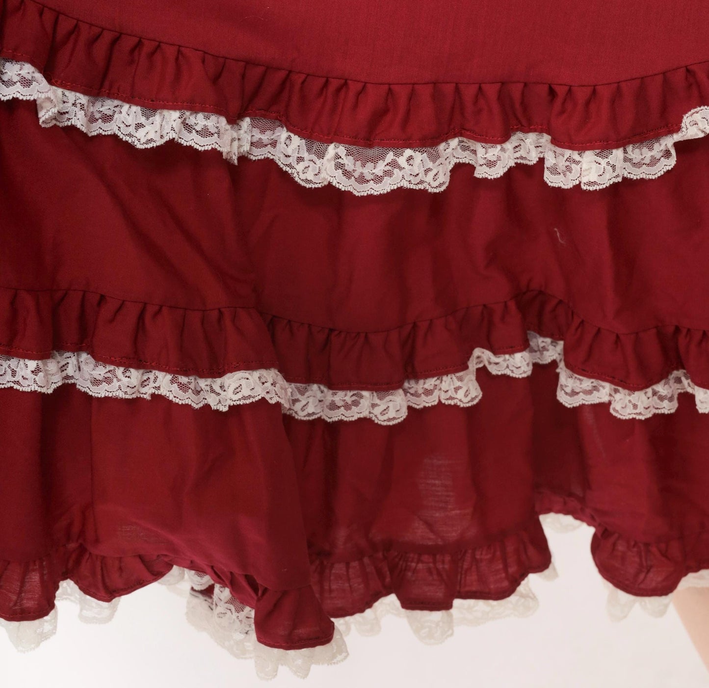 80s Burgundy Tiered Prairie Skirt Cotton Lace Trim Full Circle Medium Large