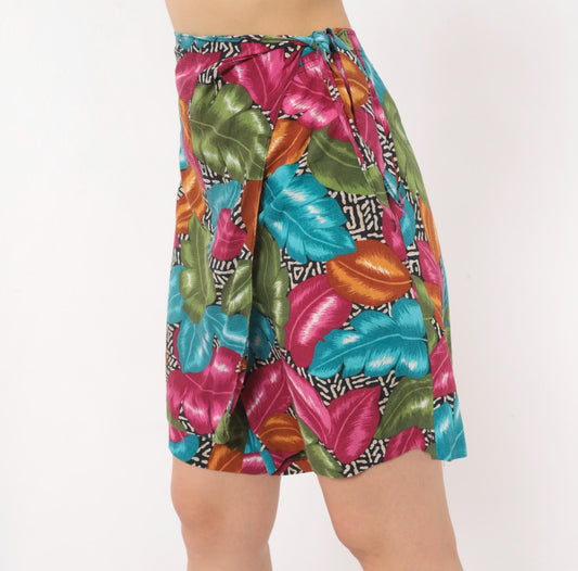 90s Cristin Stevens Tropical Leaf Wrap Skort Magenta Teal Mini Extra Large XL