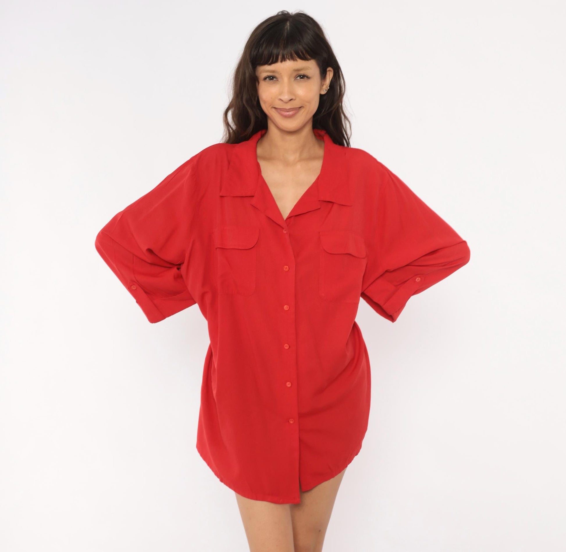 90s Carolina Colours Plus Red Camp Collar Shirt Dress Mini XXL