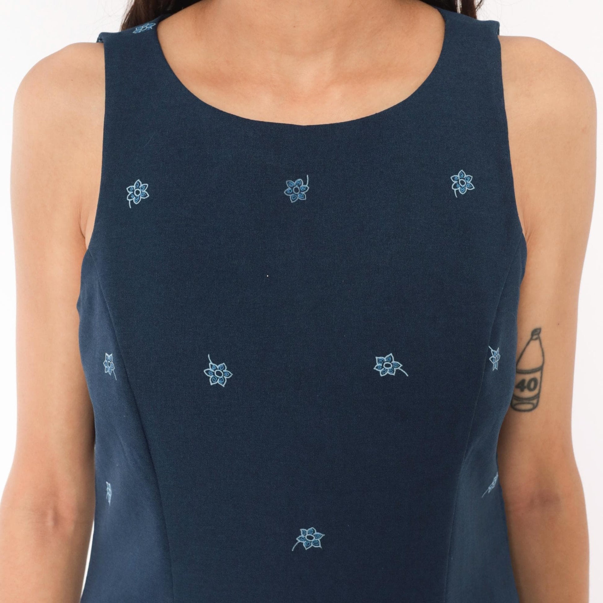 90s DBY Navy Shift Dress Embroidered Floral Border Sleeveless Medium M