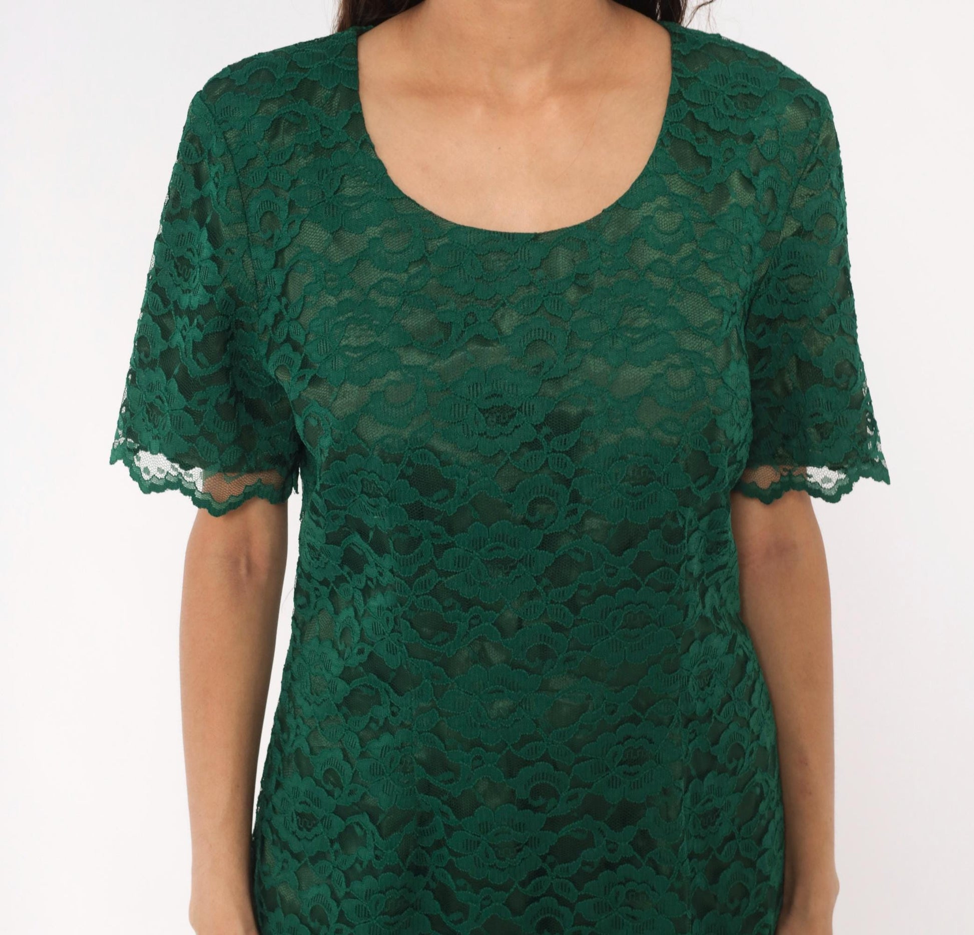 90s My Michelle Emerald Lace Dress Scalloped Short Sleeve Floral Overlay Large L