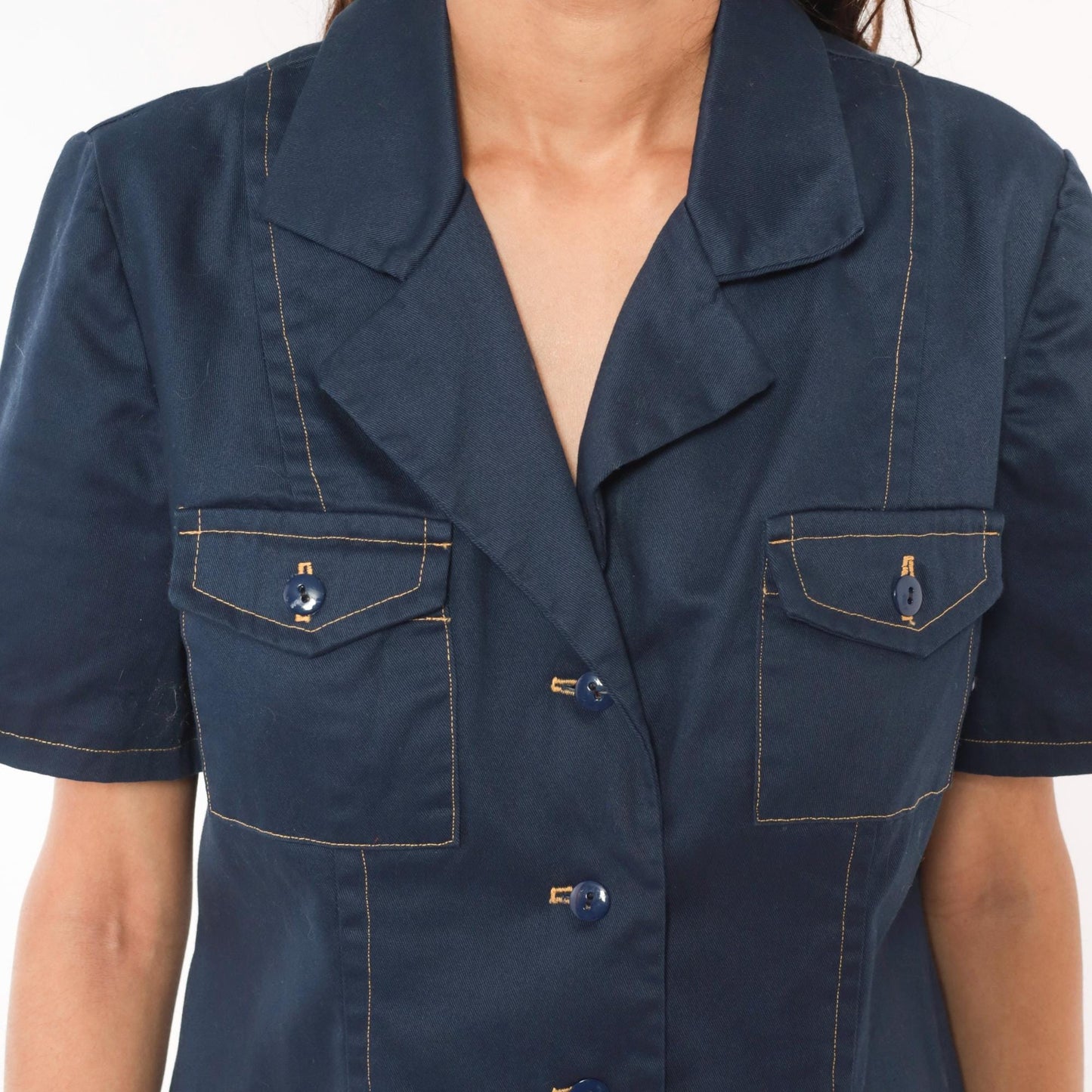60s Navy Cotton Shirt Dress Button Front Notched Collar A-Line Medium M