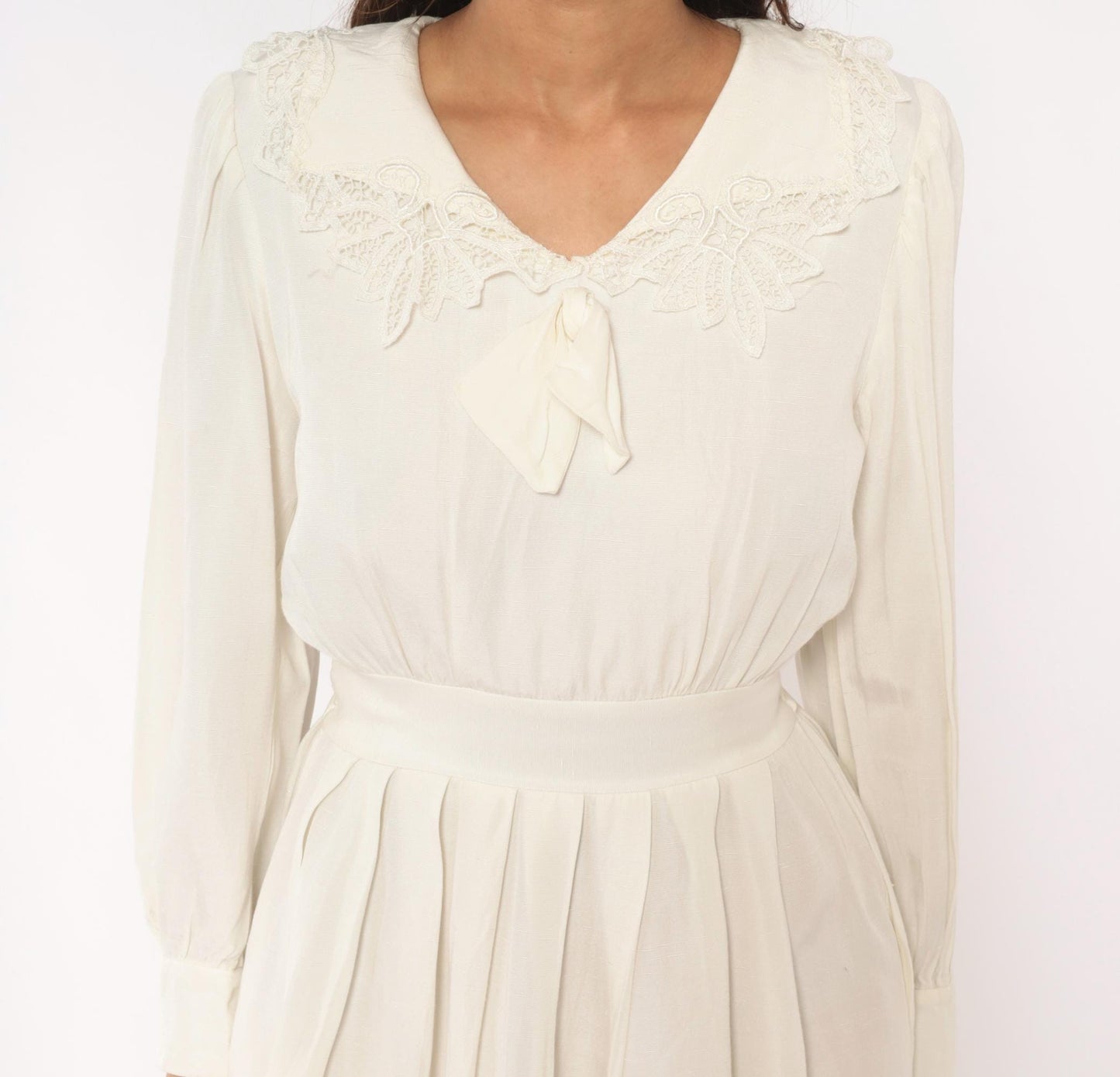 80s Lanz Originals Cream Lace Collar Puff Sleeve Dress Pleated Skirt Small S