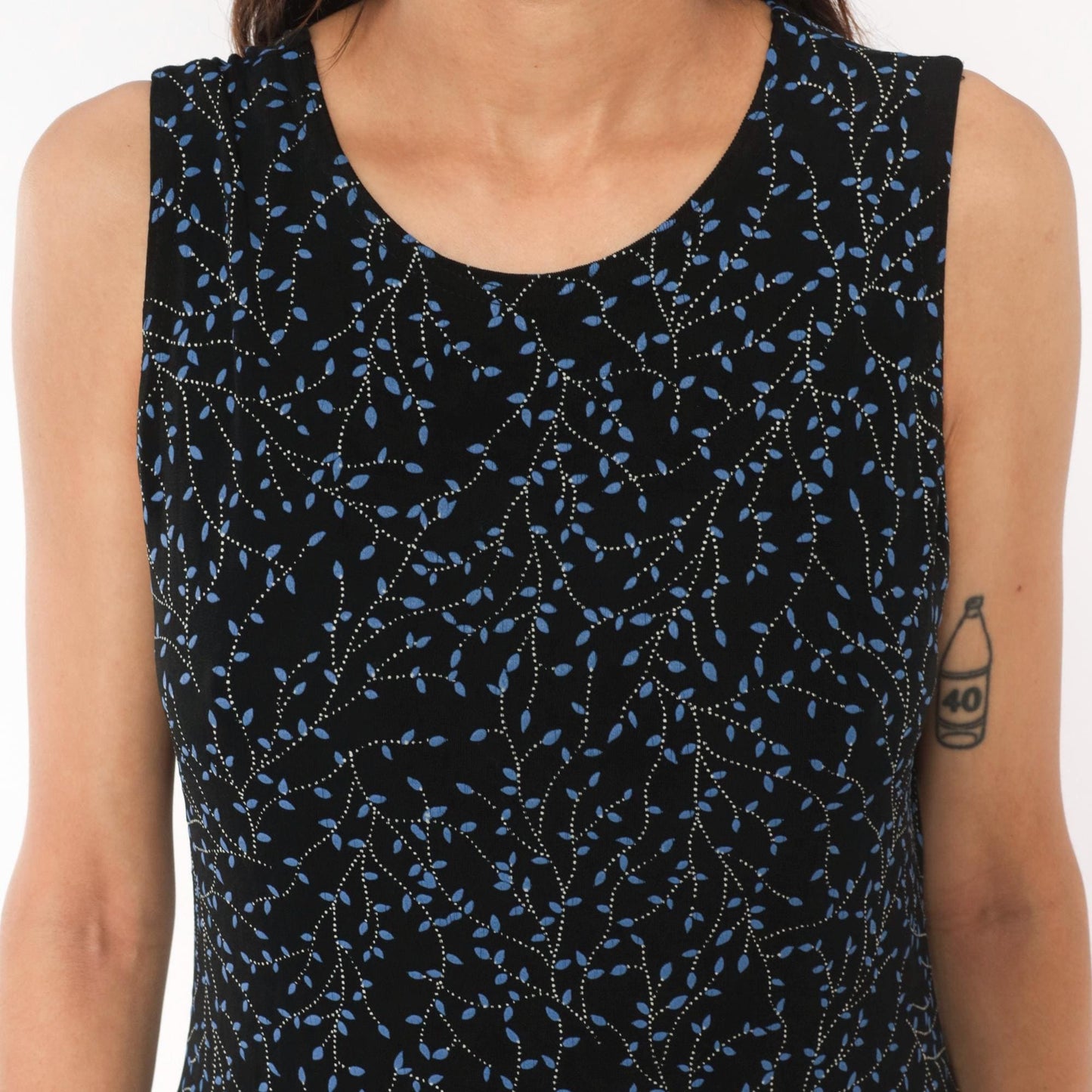 90s Black Vine Print Maxi Dress Blue Leaf Scoop Neck Tank Medium Large