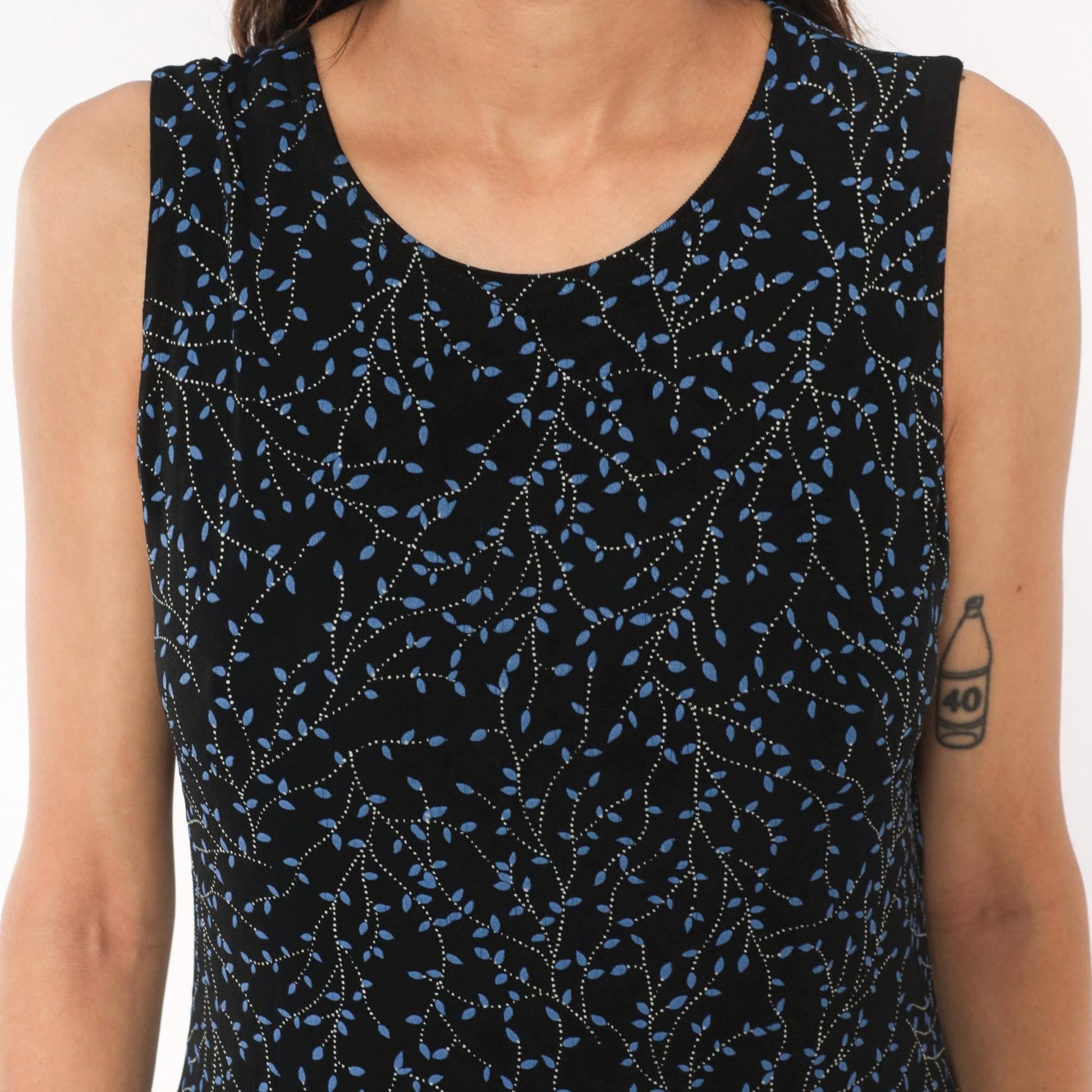 90s Black Vine Print Maxi Dress Blue Leaf Scoop Neck Tank Medium Large