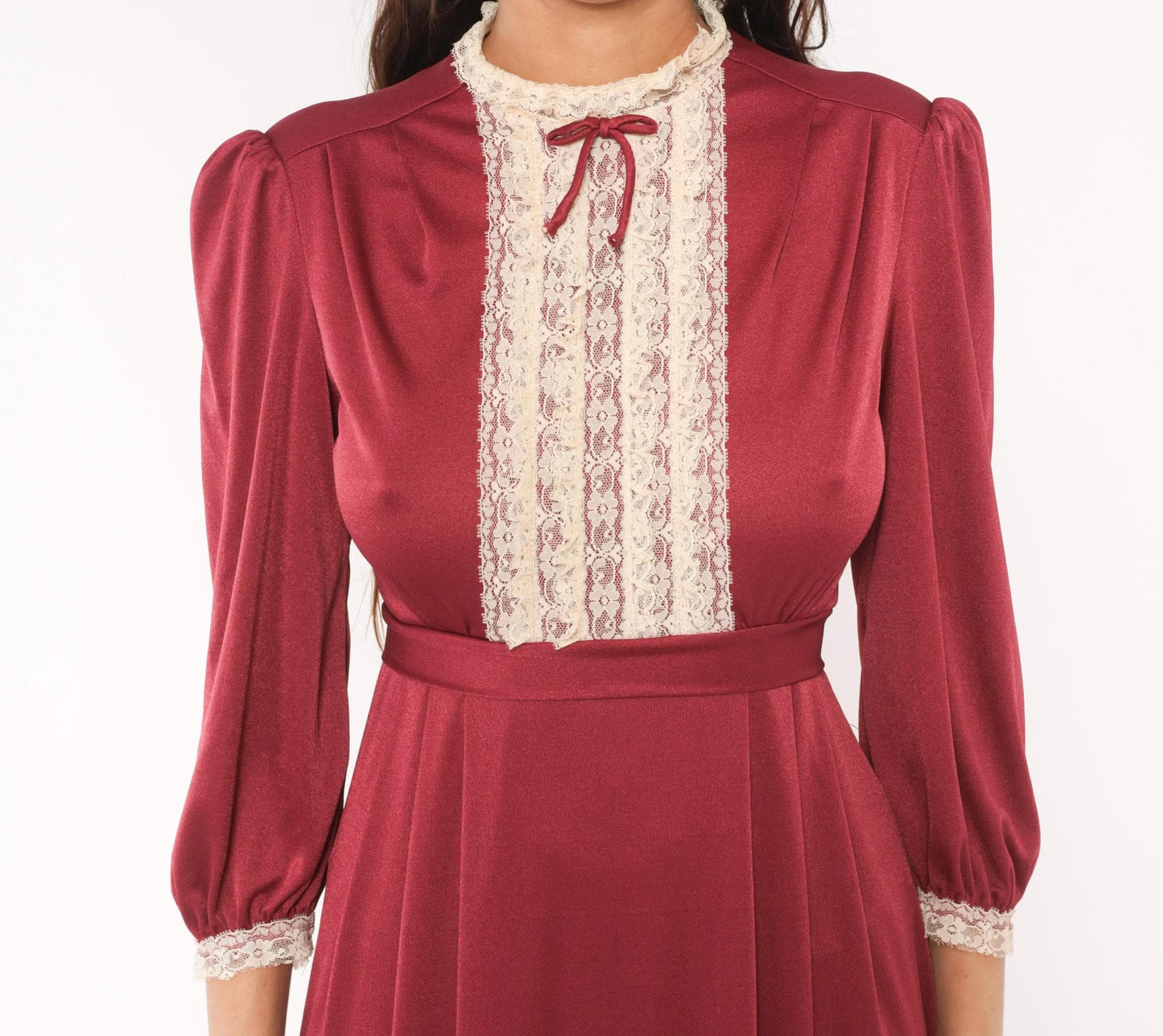 70s Burgundy Lace Bib Maxi Dress Puff Sleeve High Neck Ribbon Bow Extra Small