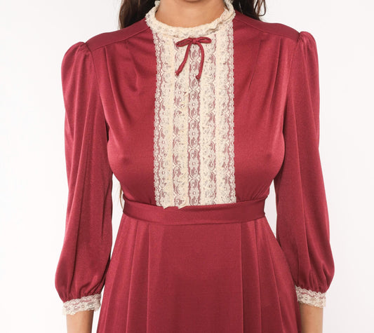70s Burgundy Lace Bib Maxi Dress Puff Sleeve High Neck Ribbon Bow Extra Small