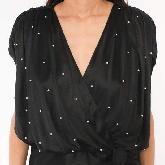 90s Jenny Black Pearl Studded Wrap Dress V Neck Knee Length Medium M